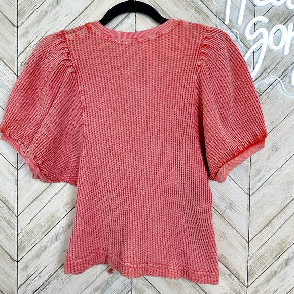 Free People One Hayden Thermal Short Sleeve Lace-up Top in Pink size large - Picture 2 of 7